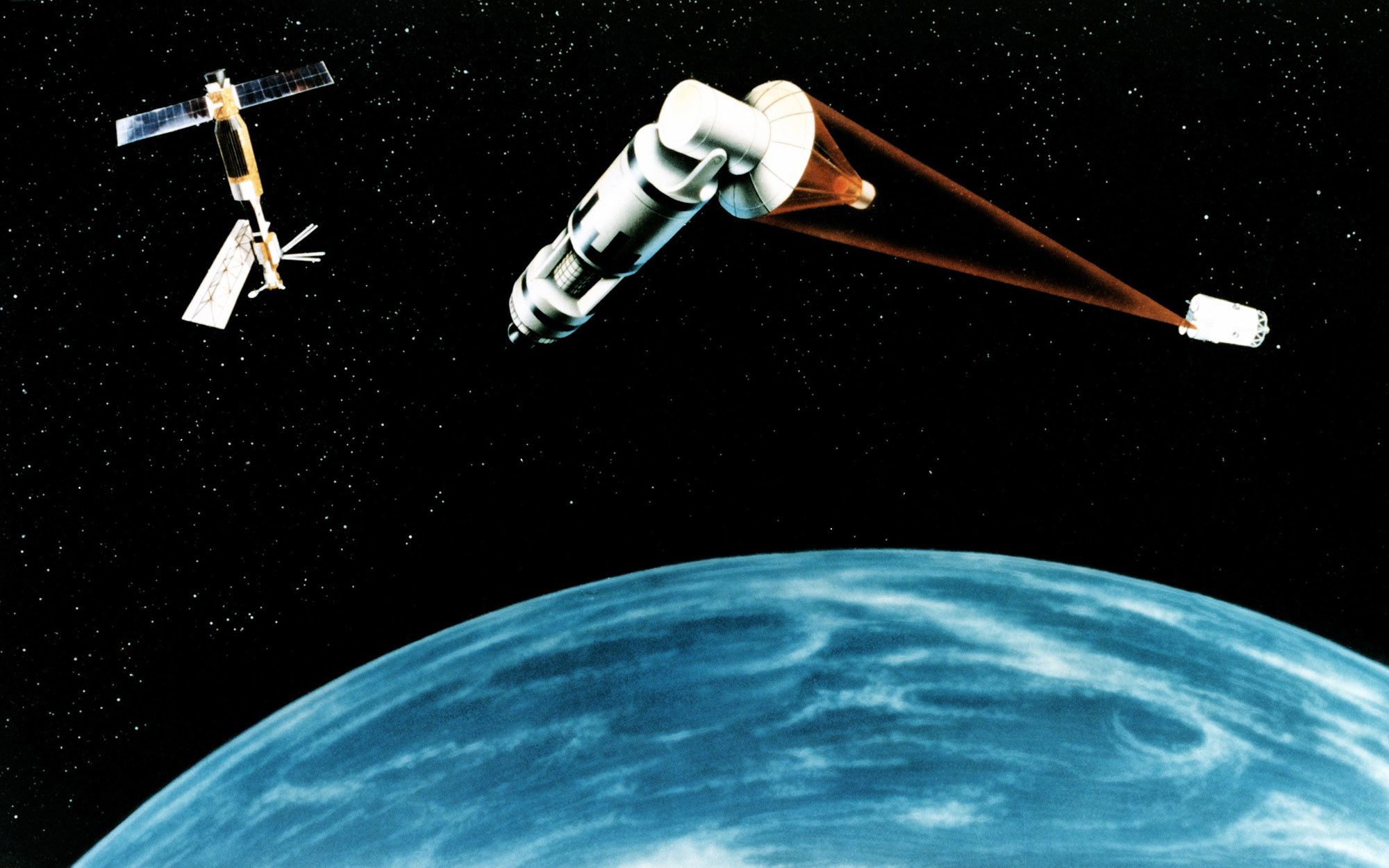 Концепция стратегической оборонной инициативы 1984 года об основополагающем космическом лазере (SBL), в данном случае лазером фтористого водорода. Фото: © Wikipedia.org