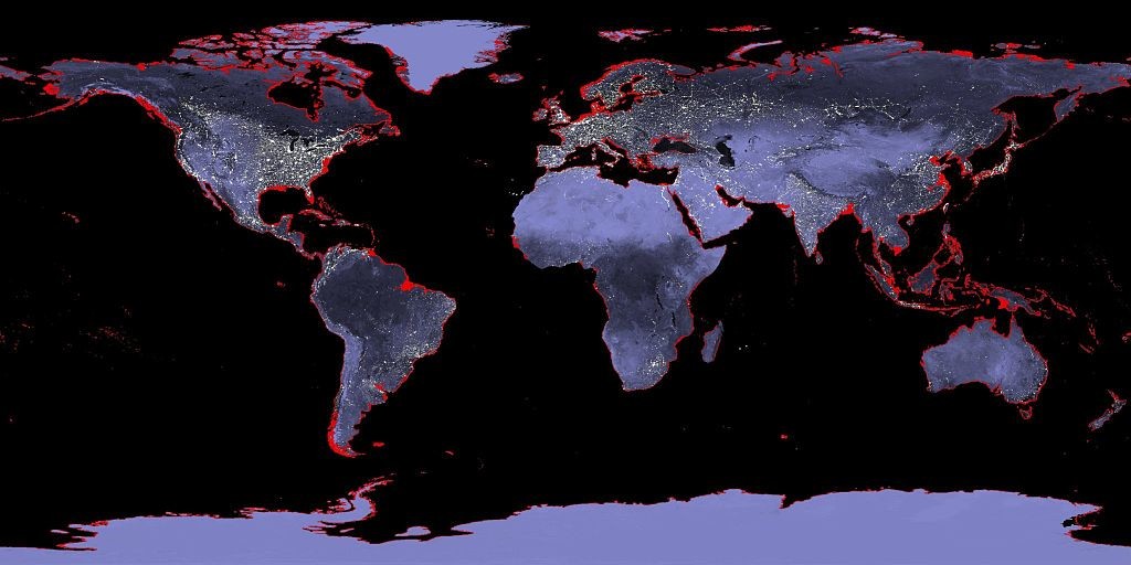 Красным отмечены области, которые затопит при шестиметровом подъёме уровня моря — если, конечно, люди будут сидеть сложа руки и ничего не делать. Фото © NASA