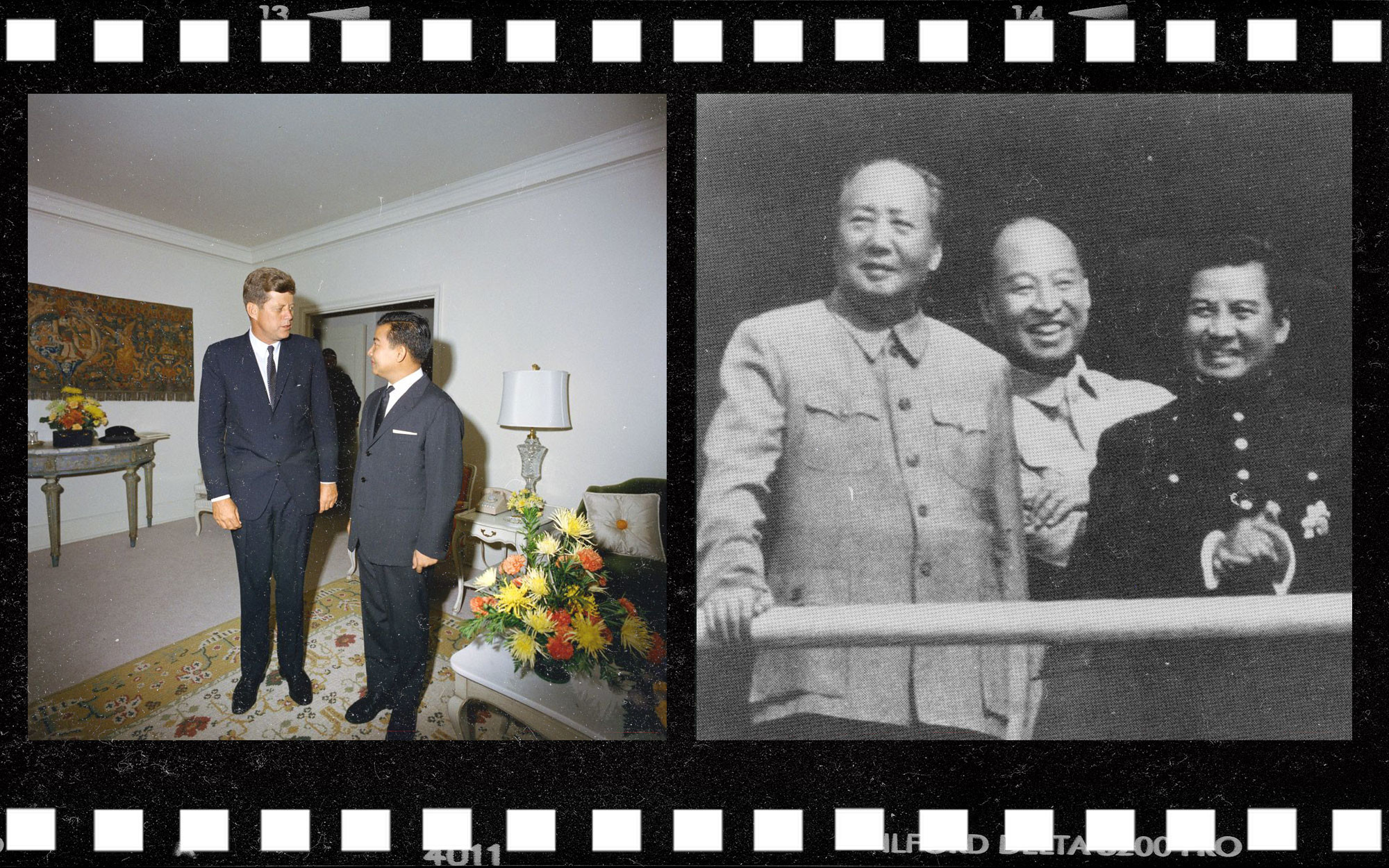 Слева направо: Президент США Джон Кеннеди и Нородом Сианук в Нью Йорке, 25 сентября 1961 года; Встреча в Пекине в 1956 году: (слева) Мао Цзэдун, Пэн Чжэнь, Сианук. Коллаж © L!FE Фото: © Wikipedia.org, Wikipedia.org