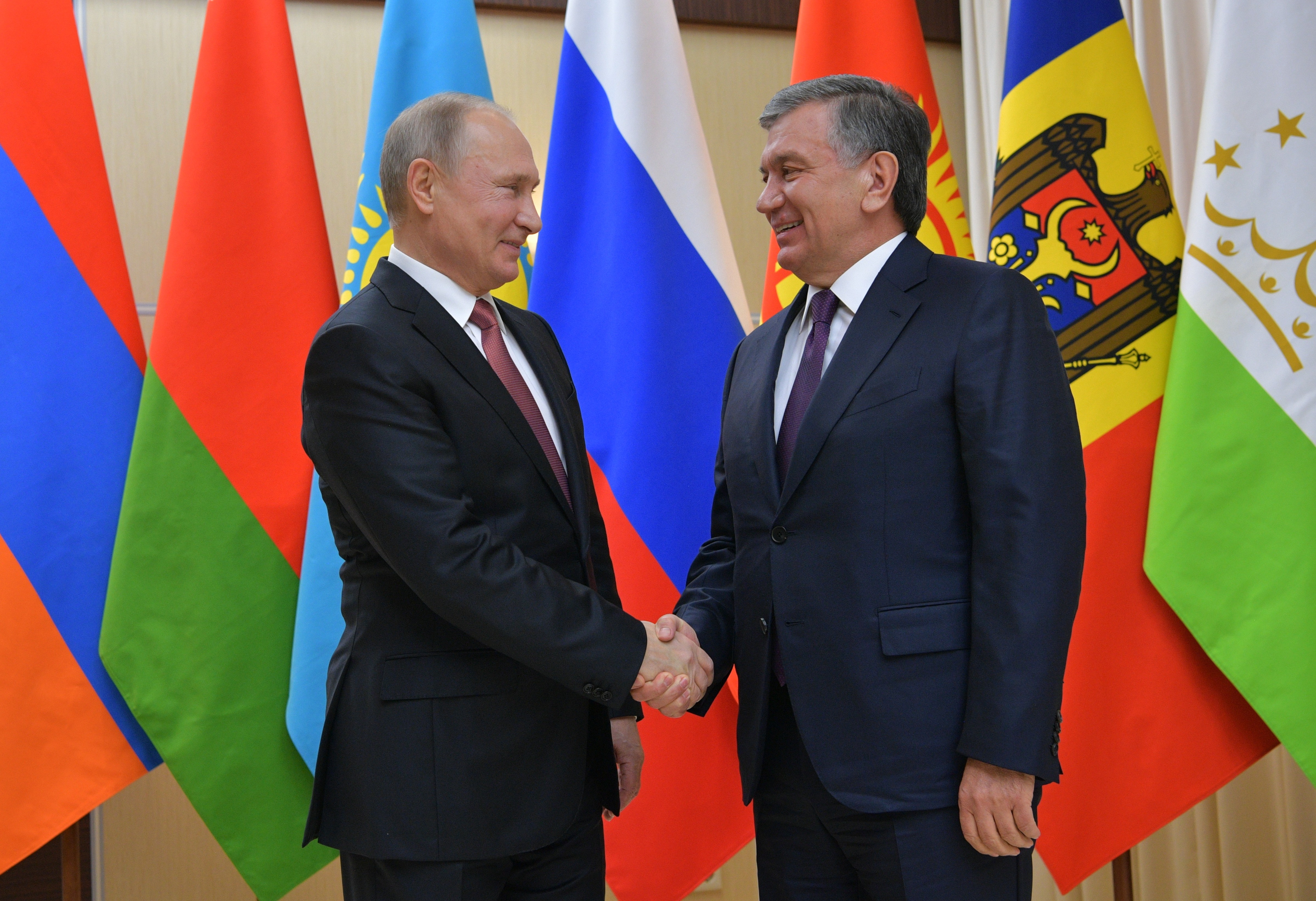 Владимир Путин (слева) и президент Узбекистана Шавкат Мирзиёев (справа). Фото: &copy;РИА Новости/Александр Дружинин