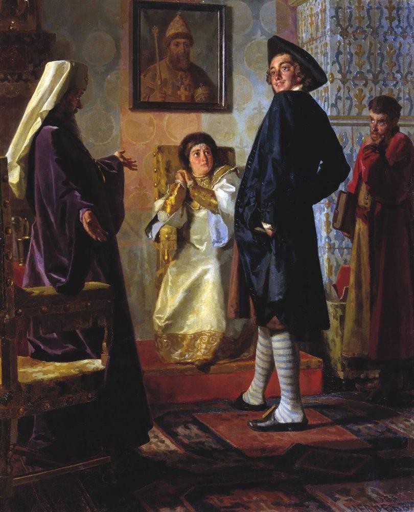 Пётр I в иноземном наряде перед матерью своей царицей Натальей. Фото © Wikimedia Commons