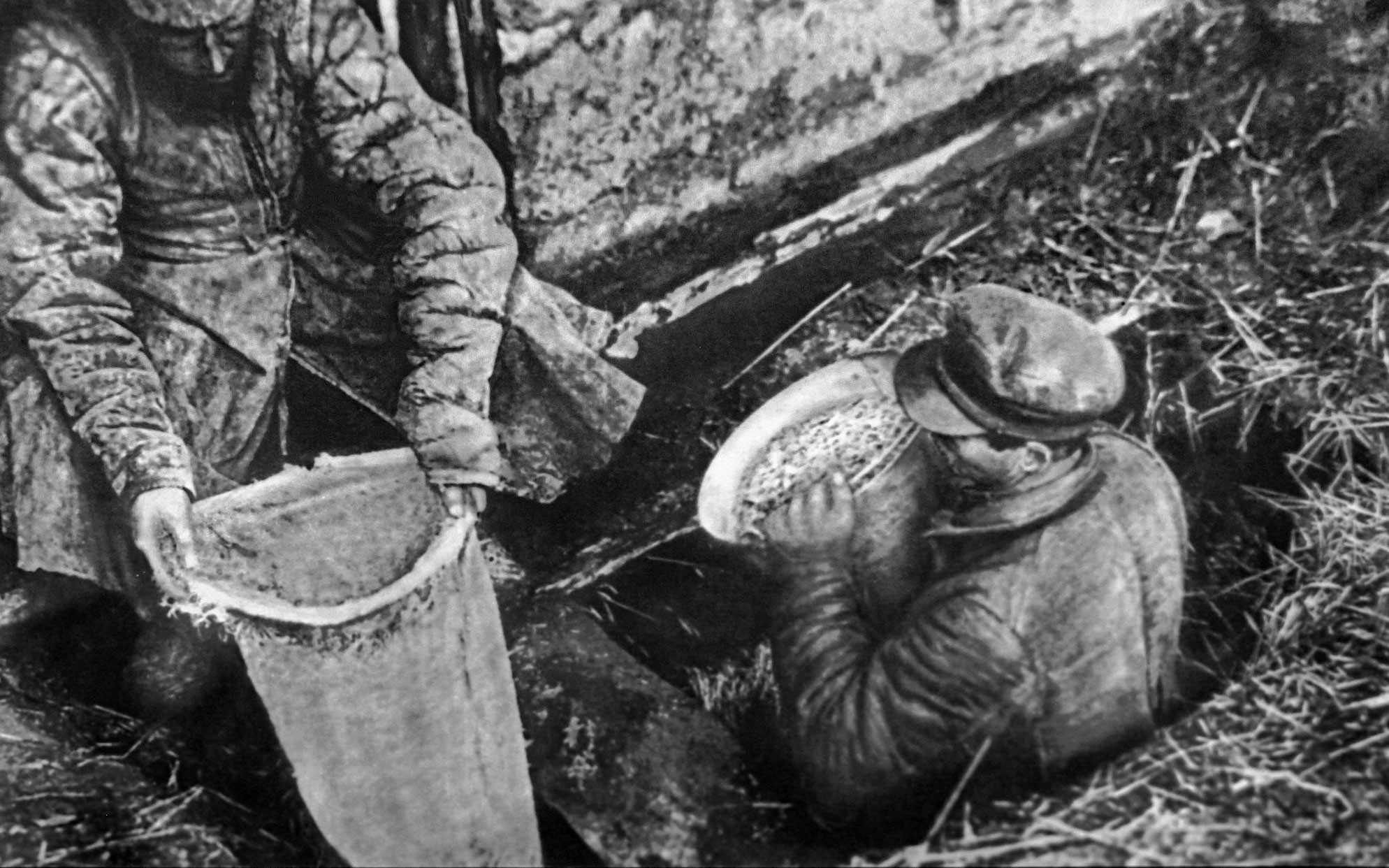 Работники ОГПУ извлекают из ямы спрятанное зерно, 1932 год. Фото: © Wikipedia.org