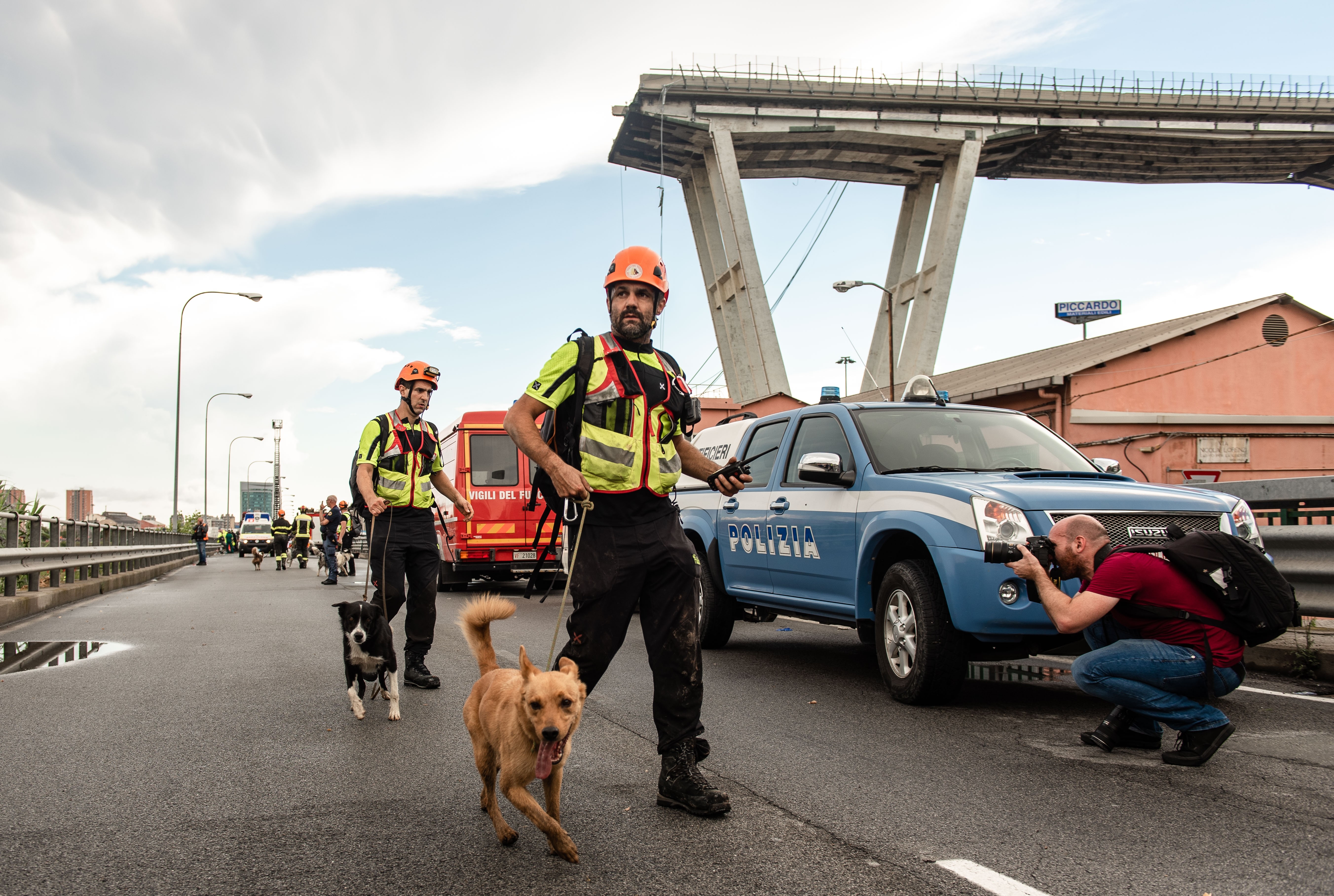 Сотрудники полиции со служебными собаками на месте обрушения автомобильного моста Моранди в Генуе.
Фото: &copy; РИА Новости/Карло Альберто Алесси