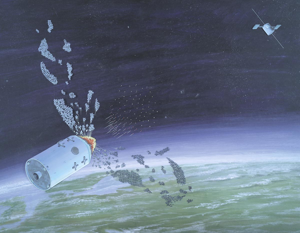 Подрыв боевой части ИС на пути спутника противника в представлении художника. Фото © Wikimedia Commons