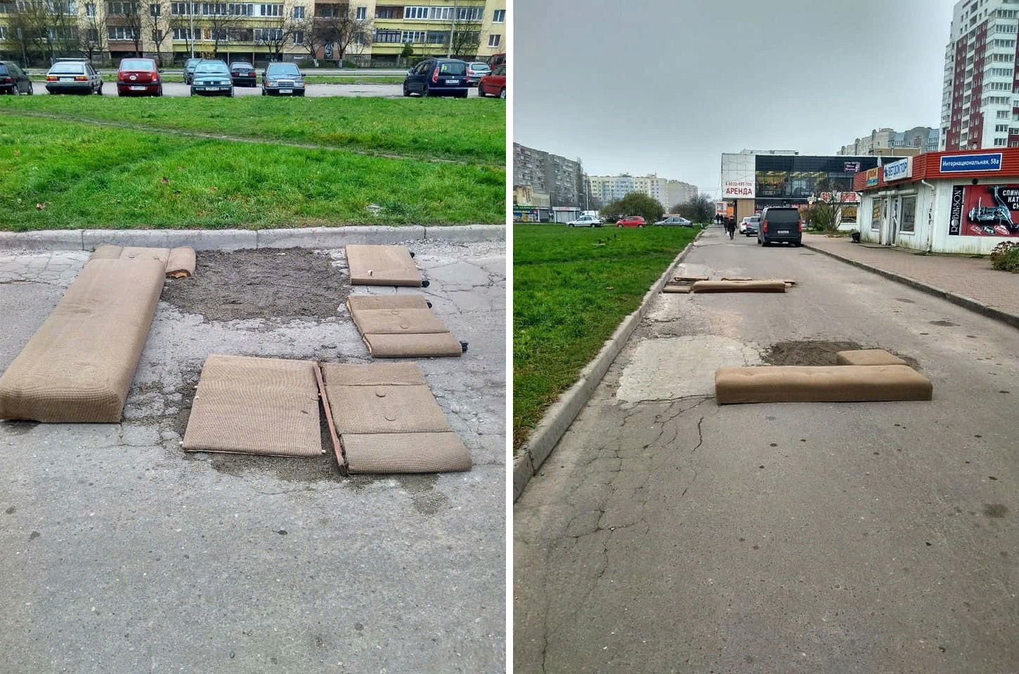 В Калининграде починили дорогу с помощью земли и дивана