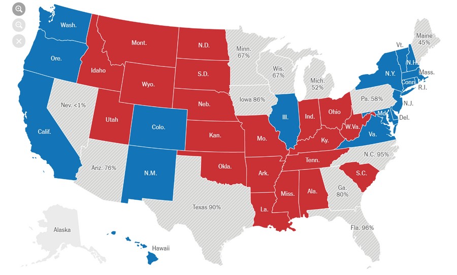 Синие штаты — выиграл Байден, красные — Трамп. В серых — идёт подсчёт голосов. Скриншот © New York Times