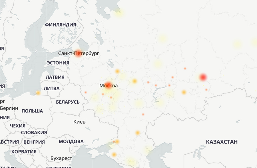 Карта сбоев в работе сервисов "Яндекса". Скриншот с сайте Downdetector