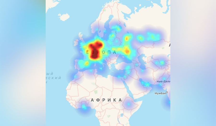 Карта сбоев в работе WhatsApp. Скриншот © Downdetector