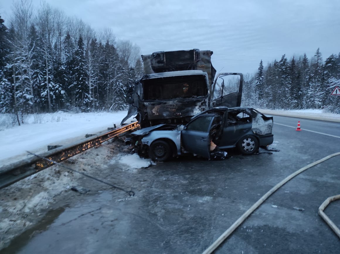 В Новгородской области четыре человека погибли в огненном ДТП с легковушкой и грузовиком