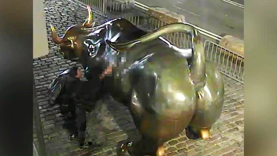 Вандал нарисовал свастику на статуе "Атакующий бык" в Нью-Йорке © NYPD