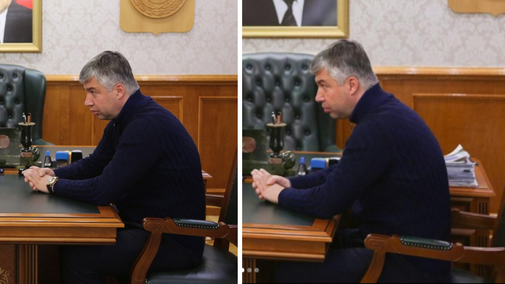 Слева фотография журналистов: часы есть. Справа отретушированный снимок в инстаграм-аккаунте Алексея Логвиненко: часов нет. Фото © Grozmer.ru, instagram.com / logvinenko_rnd