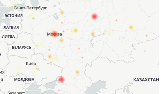 Основные города — источники жалоб на сбои в Google. Данные © Downdetector