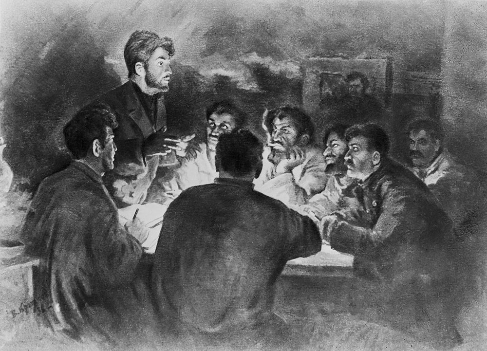 Рисунок Василия Анфимовича Кроткова "Первые рабочие кружки 1898 года в Тбилиси под руководством товарища Сталина". Фото © ТАСС