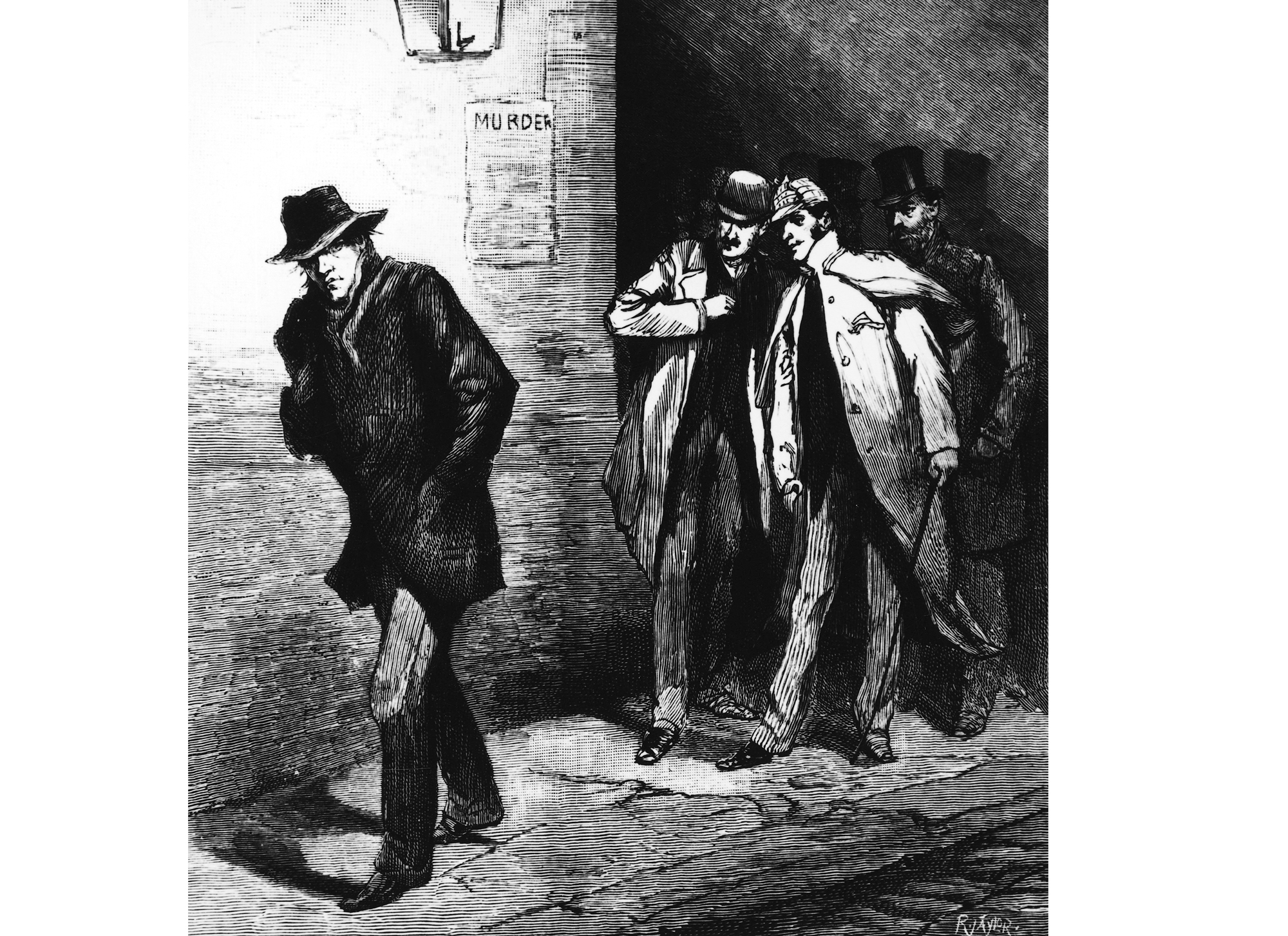 Полиция наблюдает за подозреваемым во времена Джека-потрошителя, Лондон, 1888 год, гравюра. Англия. Фото © Getty Images / DeAgostini