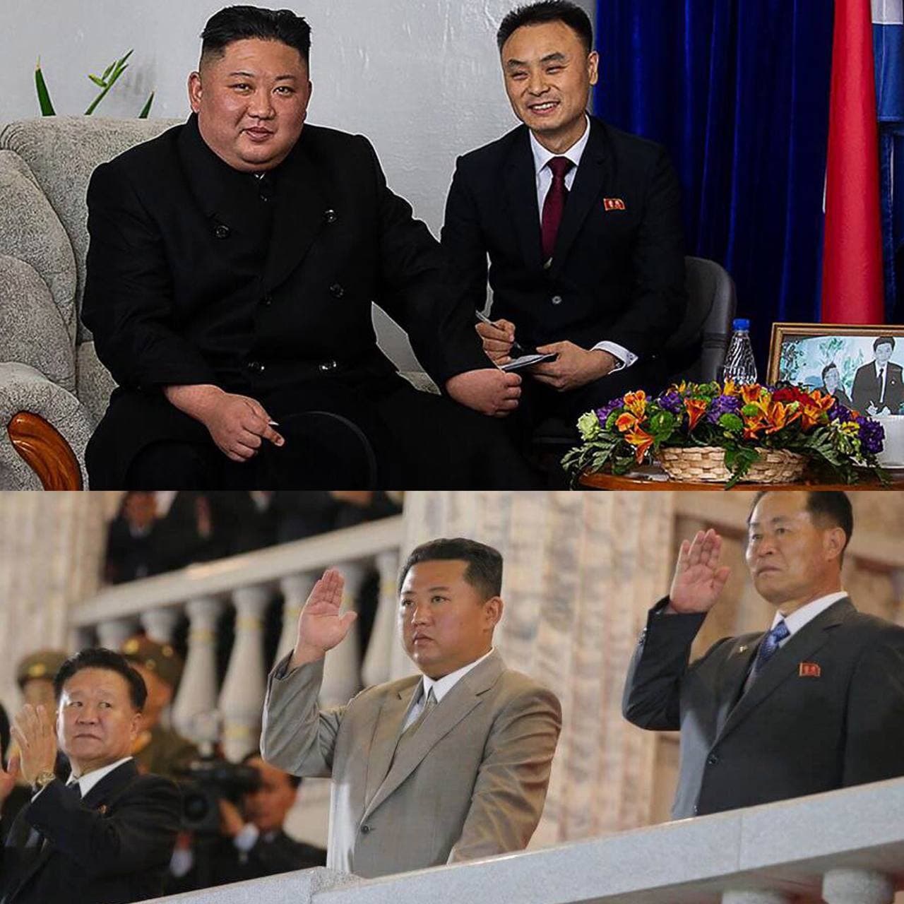 Ким Чен Ын в России в 2019 году / На параде в Пхеньяне в 2021-м. Фото © Соцсети