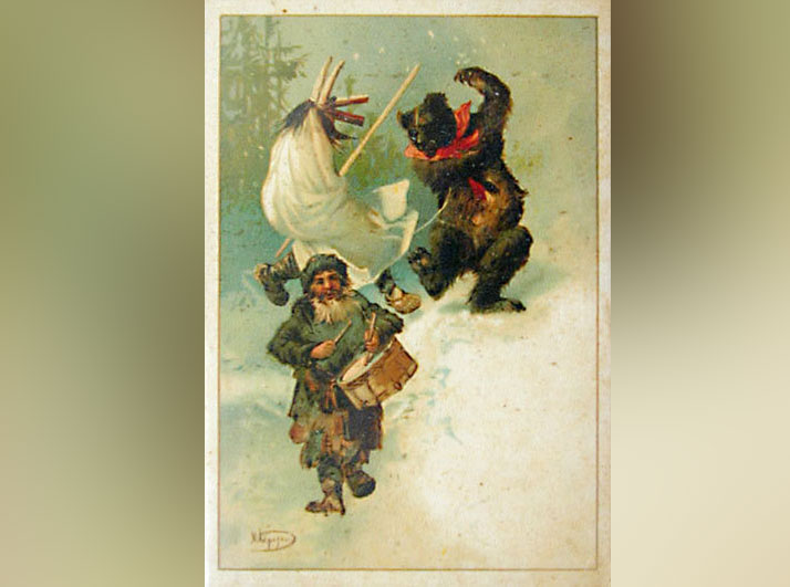 "Вождение медведя с козой и барабанщиком". Рождественская дореволюционная открытка. Фото © Wikipedia