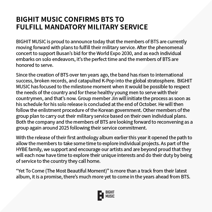 Южнокорейский лейбл Big Hit Music подтвердил, что участники бойз-бенда BTS отправятся служить. Фото © Twitter / BIGHIT_MUSIC