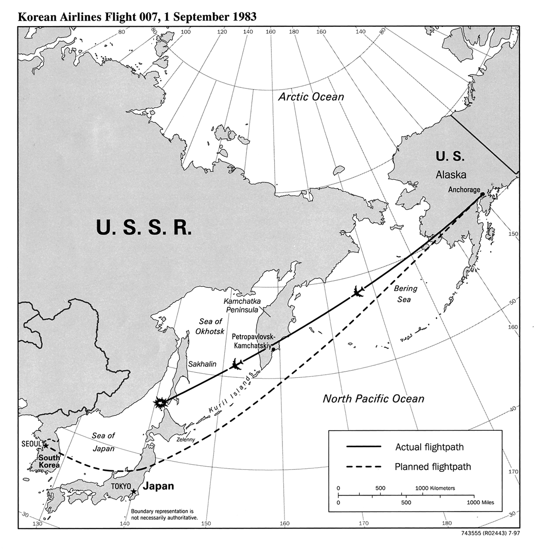 Карта запланированного и фактического маршрута KAL 007, составленная ЦРУ Фото © Public Domain