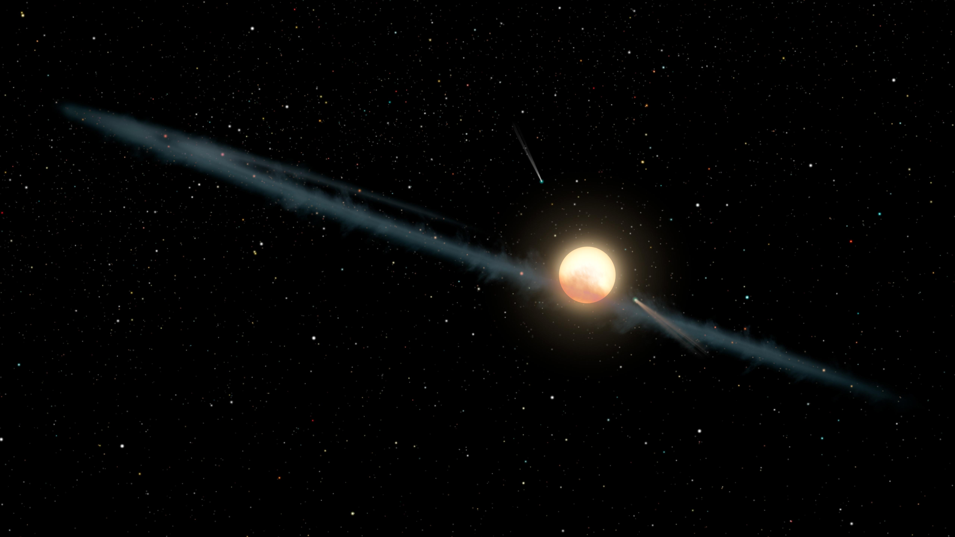 Звезда Табби. На этой иллюстрации изображено гипотетическое неровное кольцо пыли, вращающееся вокруг звезды KIC 8462852, также известной как звезда Бояджян, или звезда Табби. Иллюстрация © NASA