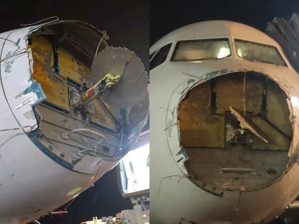 Повреждения самолёта, прошедшего сквозь сильную грозу. Фото © Twitter/EnElAire