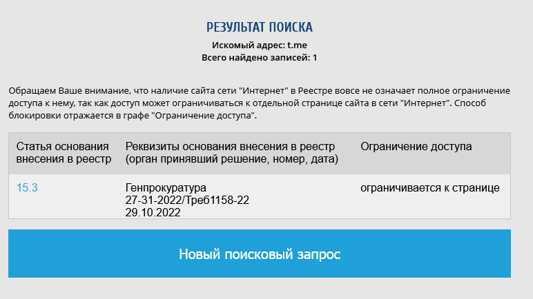 Уведомление о блокировке домена на портале Роскомнадзора 