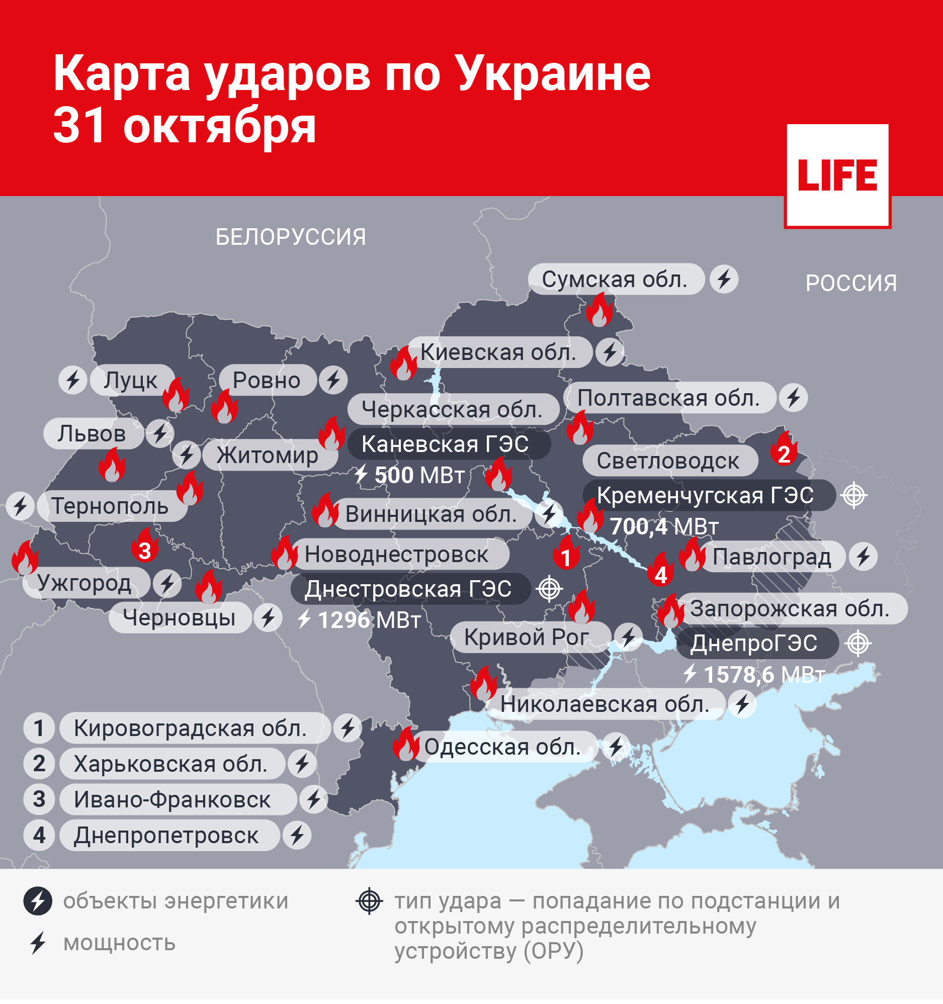 Карта ударов по Украине 31 октября. Инфографика © LIFE
