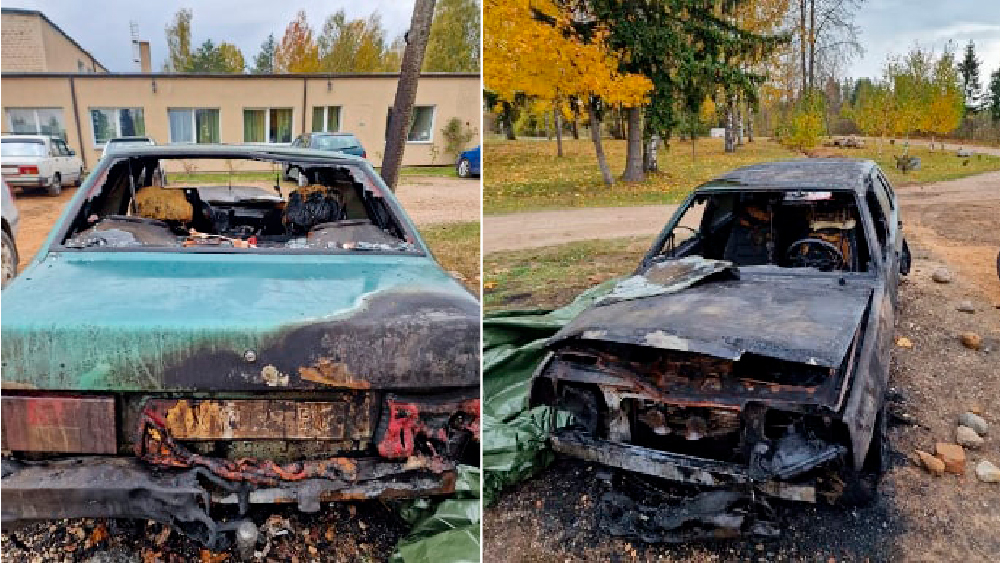Сгоревший автомобиль украинских беженцев. Фото © lsm.lv / Janis Dreļs
