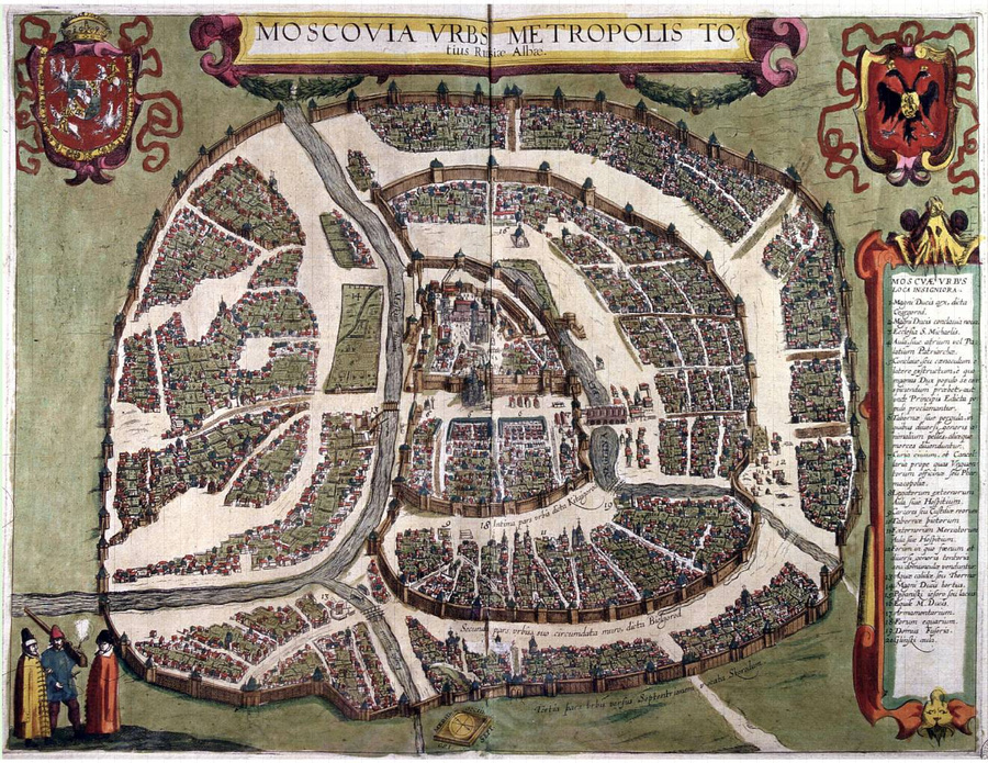 План Москвы Сигизмунда, выгравированный в 1610 году, является последним планом города, составленным поляками перед разрушением города в 1612 году и последующими изменениями уличной сети. Ориентация: север справа, запад вверху. Фото © Public Domain