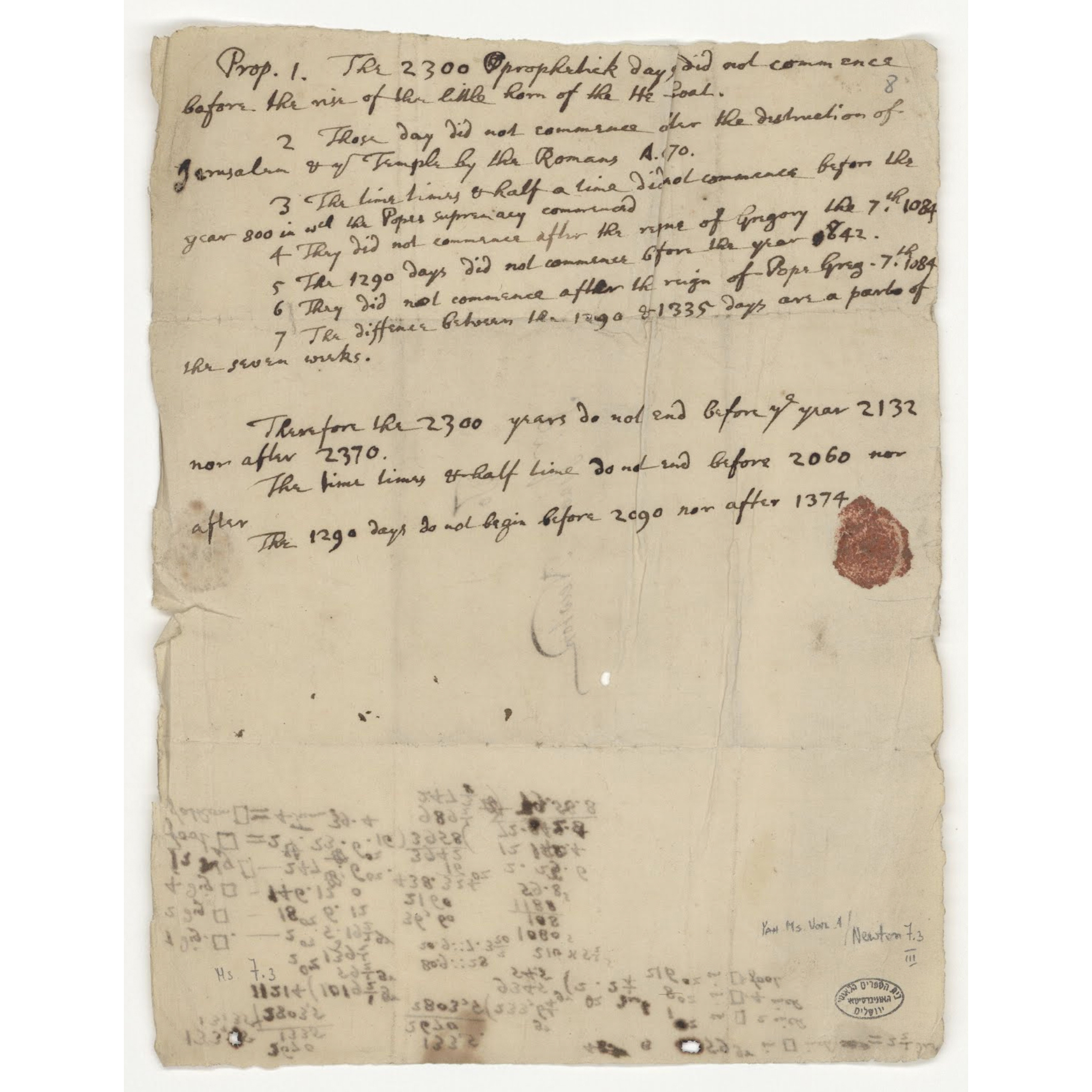 Рукопись Исаака Ньютона с расчётом даты конца света. Фото © The National Library of Israel