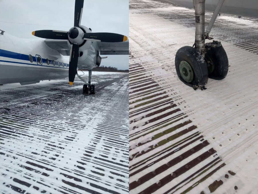 Лопнувшие шасси у Ан-24 в Охотске. Обложка © Telegram-канал Дальневосточной транспортной прокуратуры