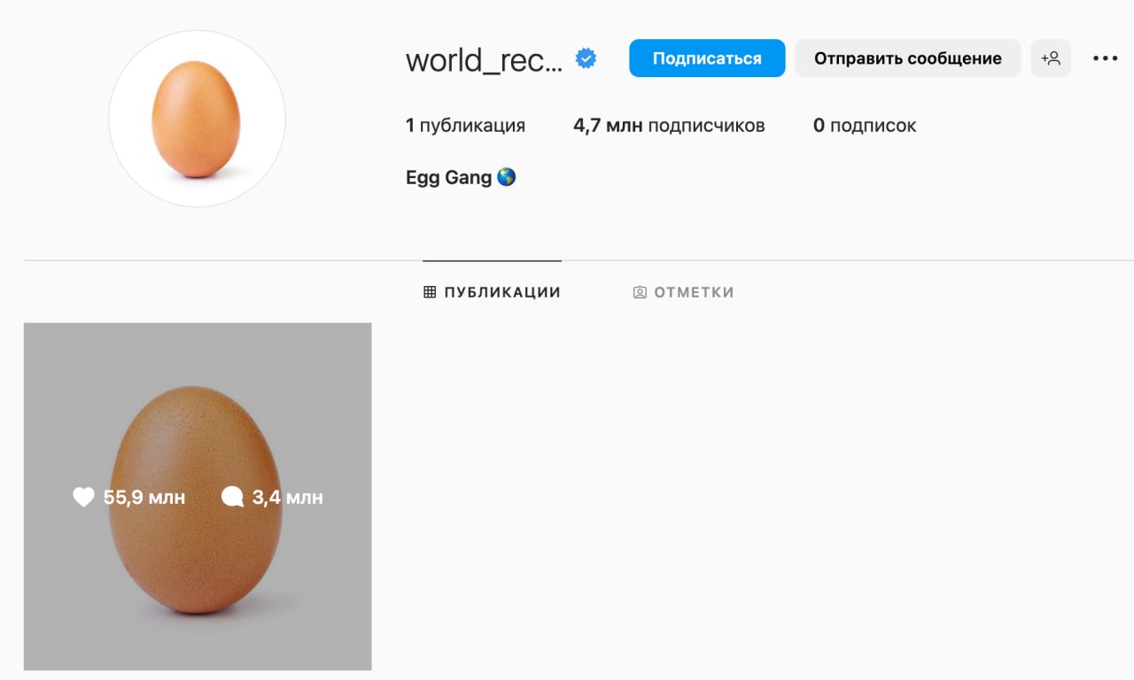 Прошлый рекордсмен социальной сети. Скриншот © Instagram (признан экстремистской организацией и запрещён на территории Российской Федерации) / world_record_egg