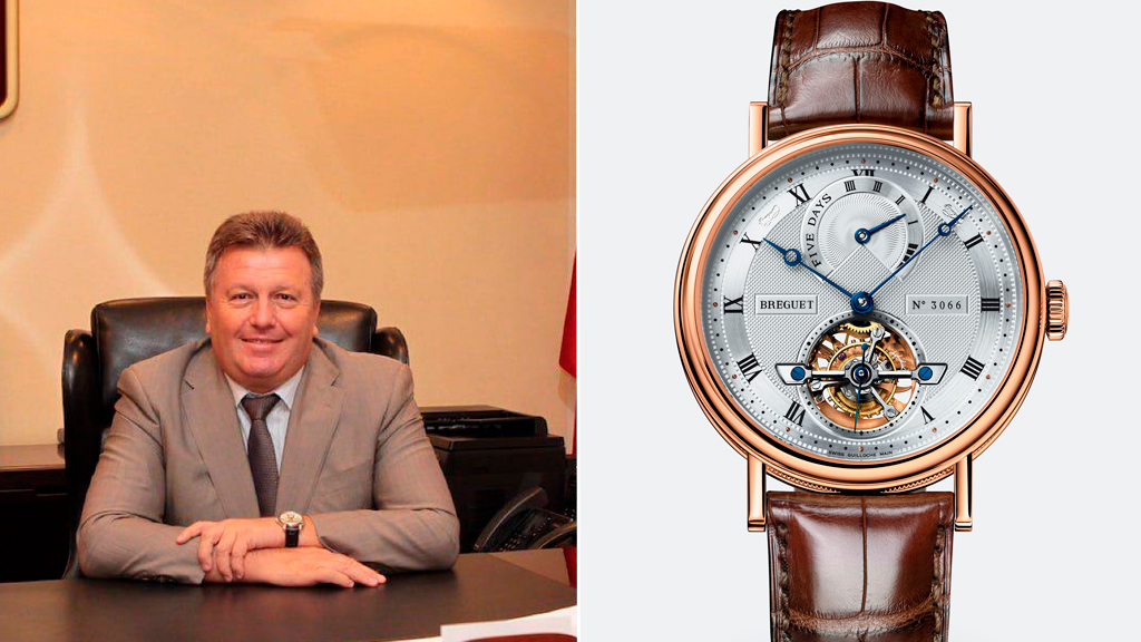 На руке Александра Ефанова часы, очень похожие на Breguet. Фото © t.me / Александр Хинштейн, © breguet.com