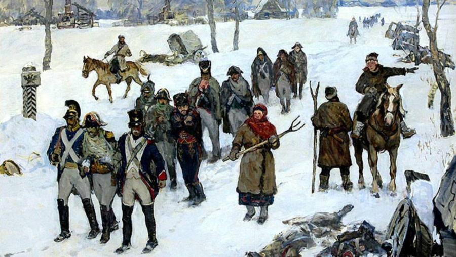 "Французские гвардейцы под конвоем партизан. 1812 год". © Картина. В. М. Сибирский  