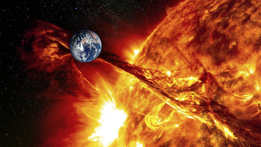 <p>Планета Земля на фоне Солнца, концепция солнечной активности, геомагнитная буря. Фото © Shutterstock</p>