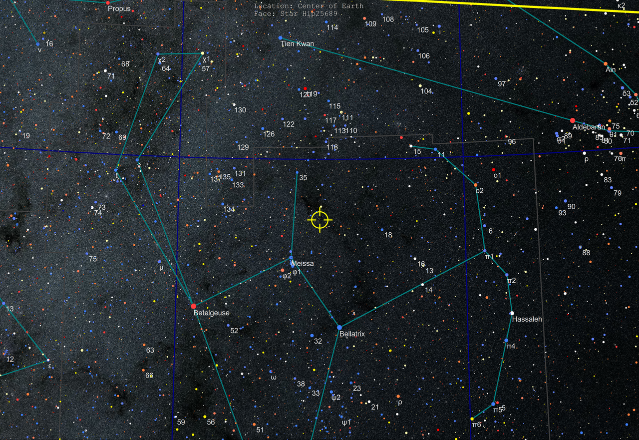 GW Orionis в созвездии Ориона (жёлтый круг). Фото © Wikipedia