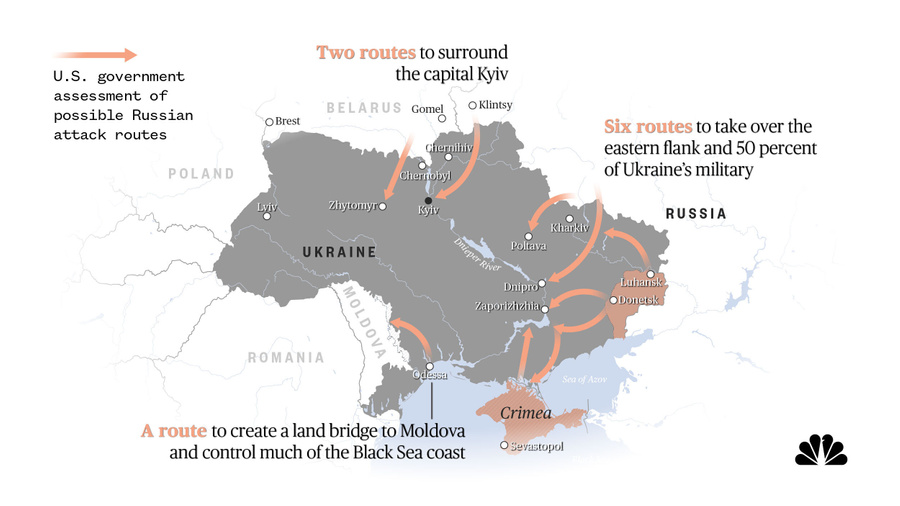 Карта "вторжения" РФ на Украину. Фото © Twitter / NBCNews
