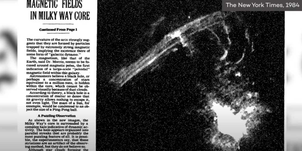Один из первых снимков магнитных "нитей" в центре Млечного Пути на страницах The New York Times, 1984 год © Giant balloon-like structures discovered at center of Milky Way - YouTube
