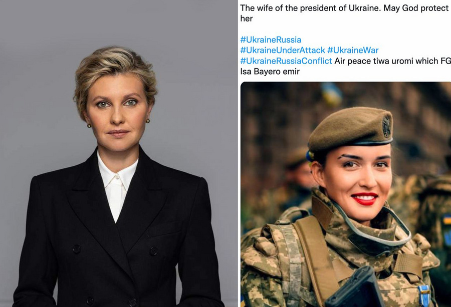 Жена президента Украины Владимира Зеленского (слева) и фотоподделка о её участии в боях за Киев (справа). Фото © Wikipedia, Twitter / The Bass Player