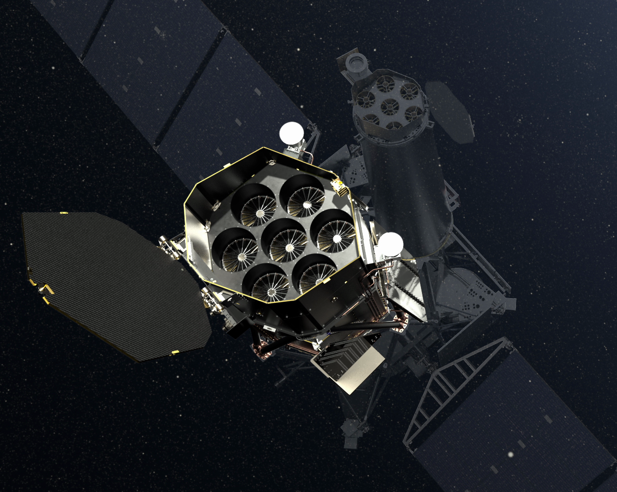 Телескопы орбитальной астрофизической обсерватории "Спектр-РГ": eROSITA — большие зеркала слева внизу; ART-XC — меньшие зеркала справа вверху. Иллюстрация © Flickr.com / DLR German Aerospace Center