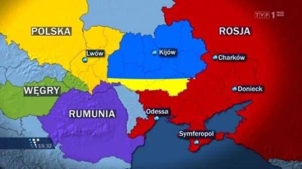Карта раздела Украины, показанная в эфире польского телеканала. Фото © t.me / The Kyva (Илья Кива)