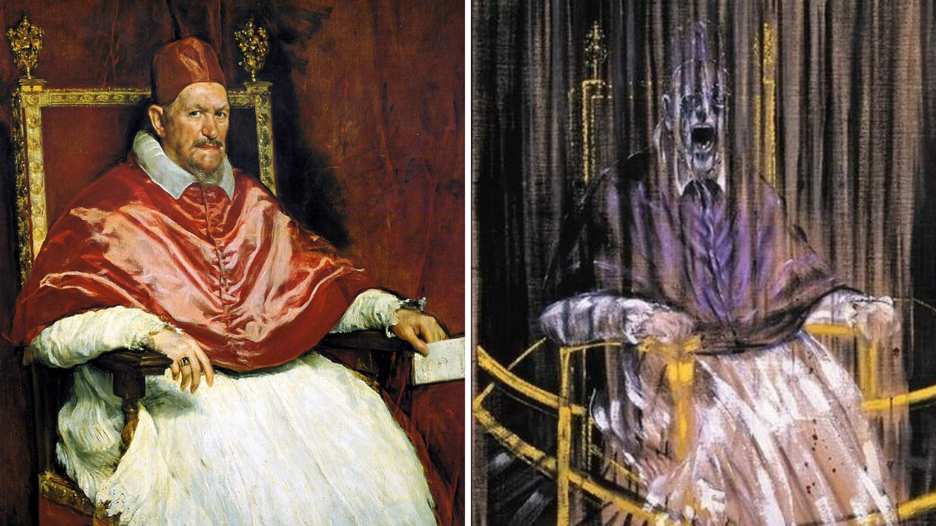 "Папа" Веласкеса (слева) и "Папа" Бэкона (справа): найдите десять отличий. Изображения © Wikimedia Commons / Galleria Doria Pamphilj, Des Moines Art Center