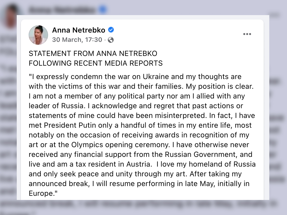 Заявление Анны Нетребко. Фото © Facebook (запрещён на территории Российской Федерации) / annanetrebko