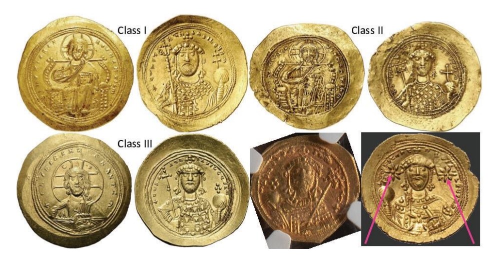 Сравнение монет, отчеканенных при византийском императоре Константине с 1042 по 1055 год. Справа внизу — самый поздний экземпляр.  Фото © European Journal of Science and Theology 