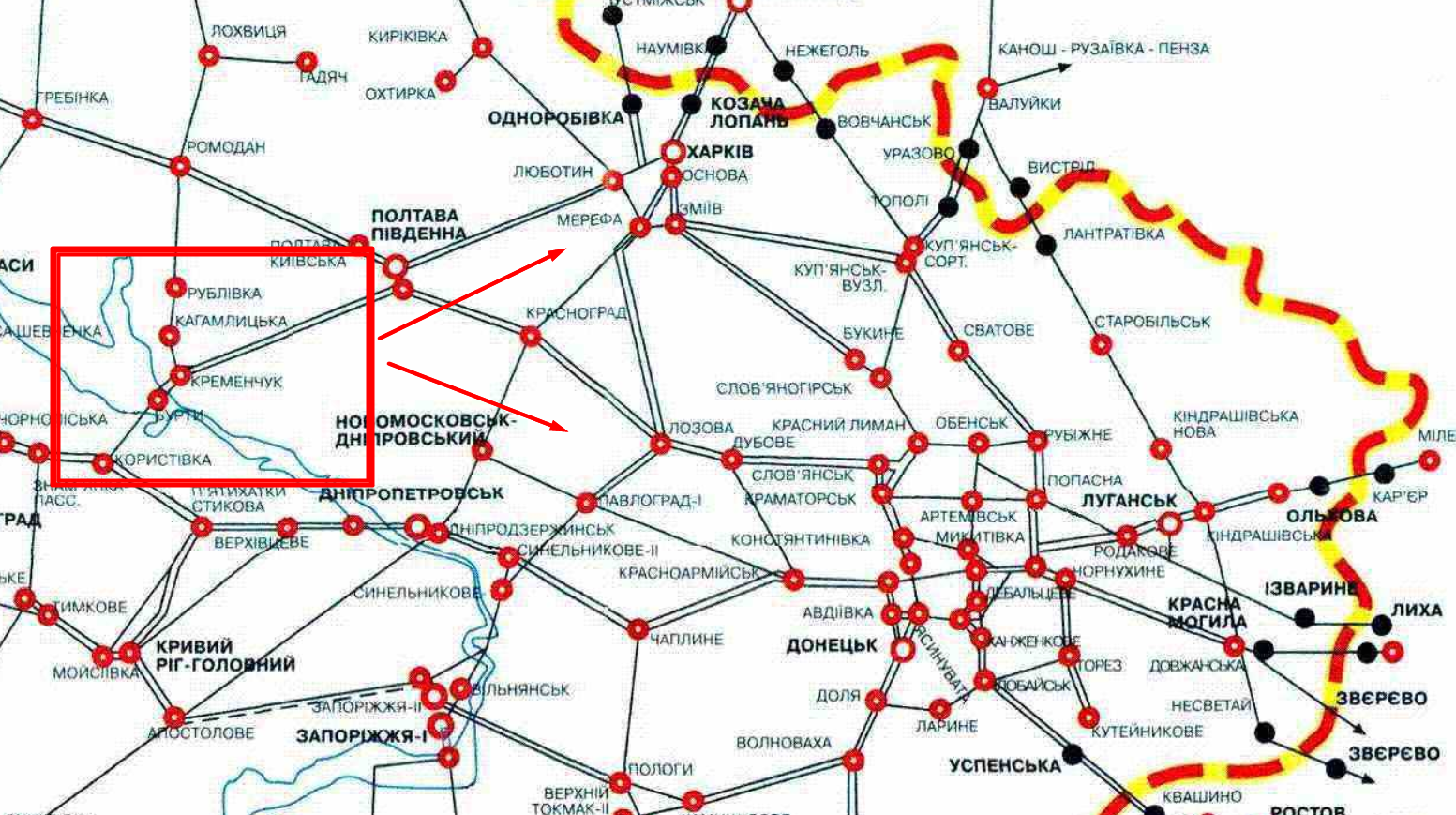 Карта железных дорог Украины в районе Полтава – Харьков – Донецк. Иллюстрация © toplivo.app