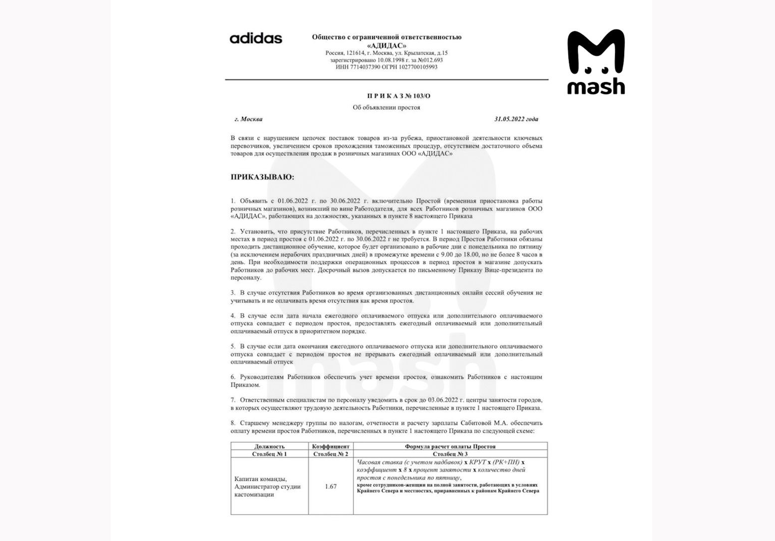 Документ Adidas об объявлении простоя. Фото © Mash