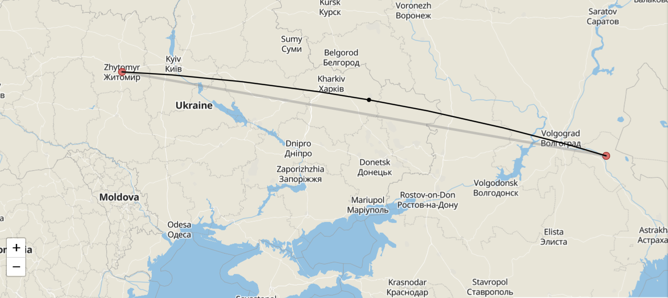 Расстояние между ГЛИЦ им. В.П. Чкалова и украинским Житомиром. Фото © Distance calculator 
