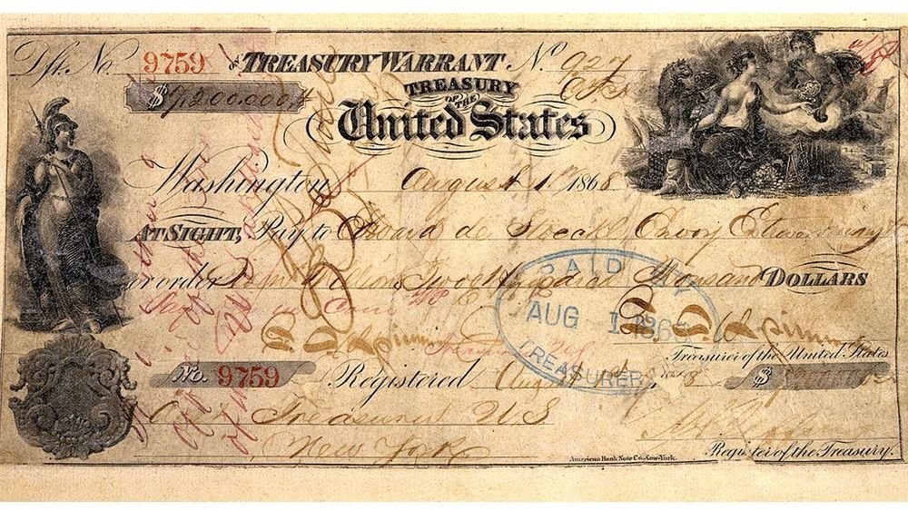 Чек на покупку Аляски достоинством 7,2 миллиона долларов, высланный на имя Эдуарда Андреевича Стекля в Посольство России в США в 1867 году. Фото © Wikipedia