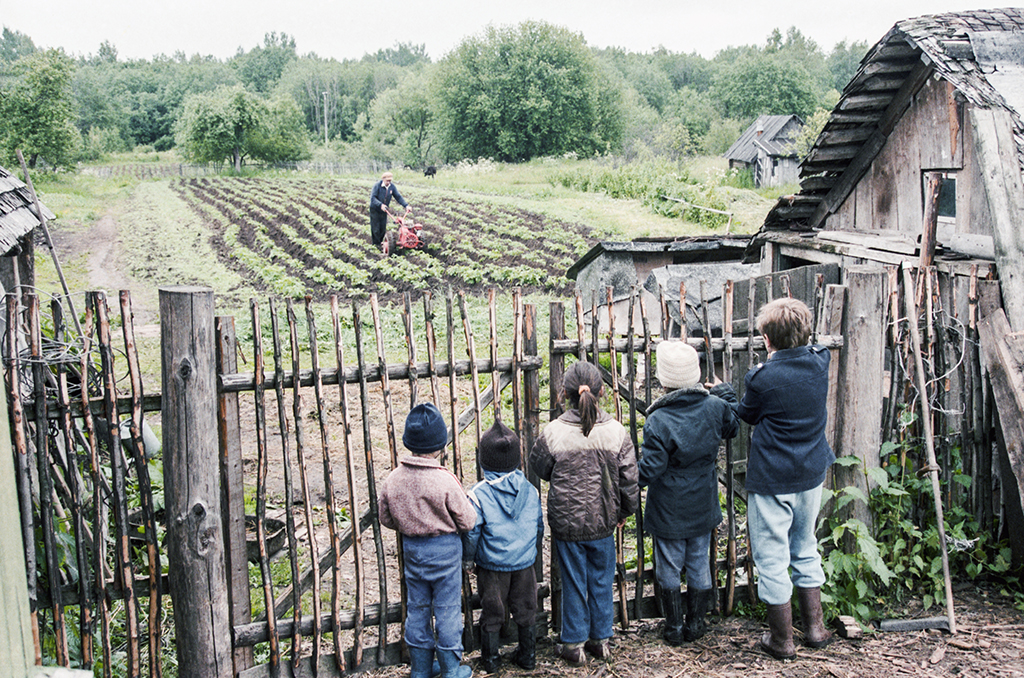 Дети во время наблюдения за уборочными работами на приусадебном участке. Фото © ТАСС / Александр Овчинников