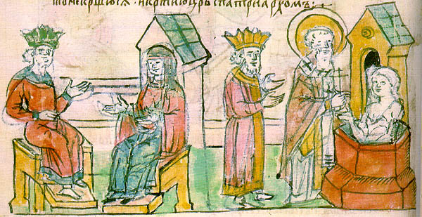 Крещение княгини Ольги в Царьграде. Миниатюра из Радзивилловской летописи, XV век. Фото © Wikipedia