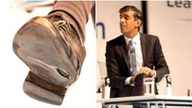Экс-министр финансов Британии Сунак в дырявом ботинке. Обложка © Twitter / Ony
